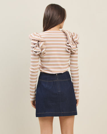 Striped Ruffle Shoulder Knit Top