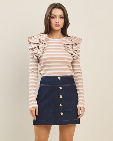 Striped Ruffle Shoulder Knit Top