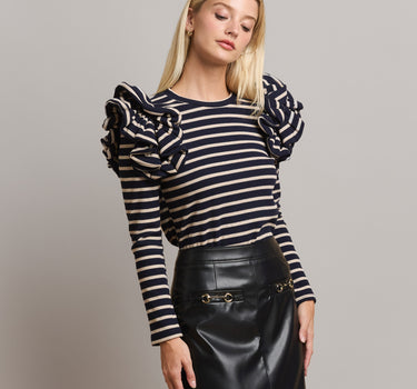 Striped Ruffle Shoulder Knit Top