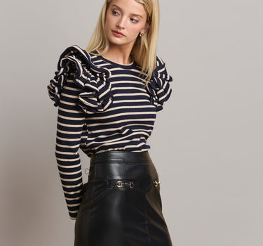 Striped Ruffle Shoulder Knit Top