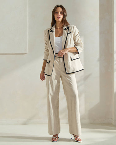 Contrast Trim Linen Blazer