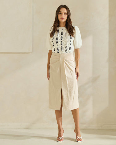 Linen Front Ruched Midi Skirt