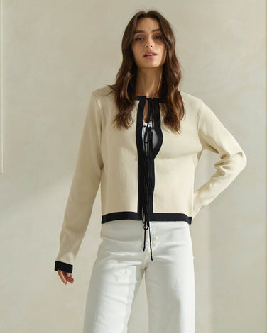 Contrast Trim Tie-front Cardigan