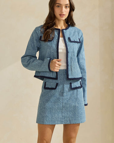 Textured Denim Jacket with Contrast Trim