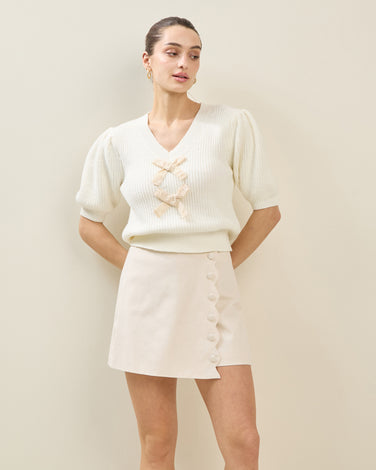 Lace Bow Short Sleeve Sweater Top