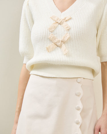 Lace Bow Short Sleeve Sweater Top