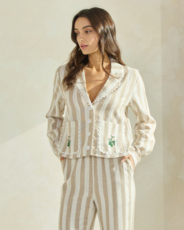 Flower Embroidered Striped Shirt