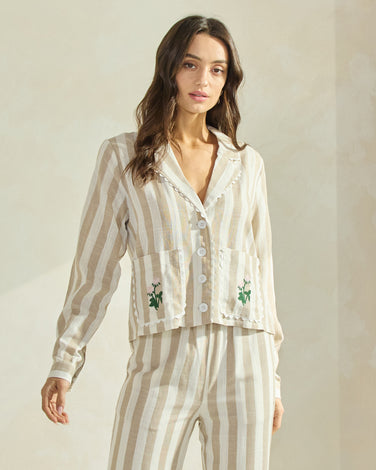 Flower Embroidered Striped Shirt