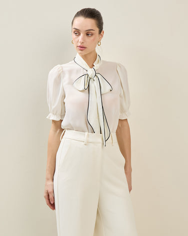 Contrast Trim Bow Tie Blouse