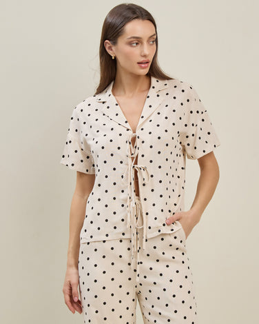 Polka dot linen-blend blouse