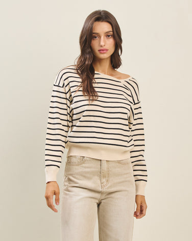 Asymmetric neckline striped sweater