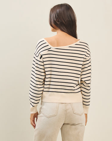 Asymmetric neckline striped sweater