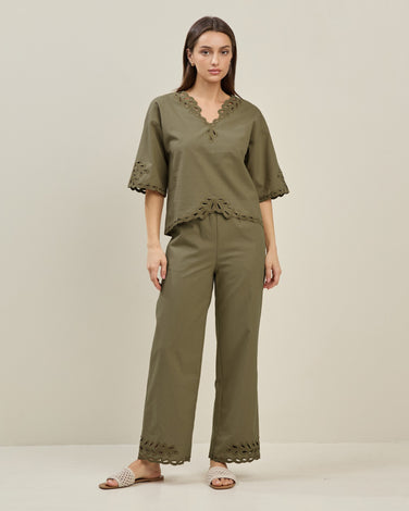 Embroidered linen-blend trousers