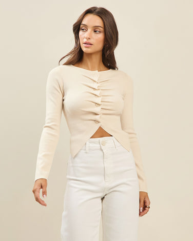 Button pleated split knit top