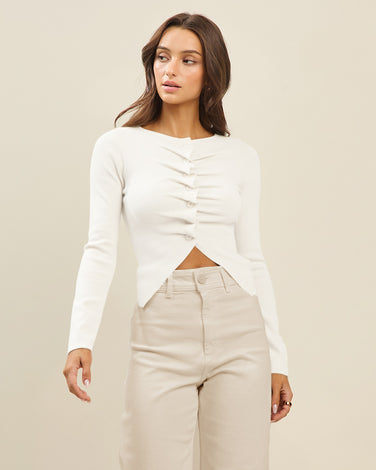 Button pleated split knit top