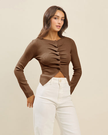 Button pleated split knit top