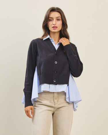 Layered look striped shirt cardigan