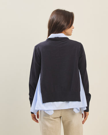 Layered look striped shirt cardigan