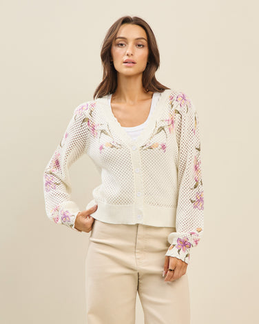 Floral print open knit cardigan