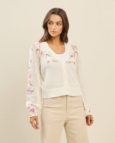 Floral print open knit cardigan