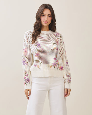 Floral print open knit top