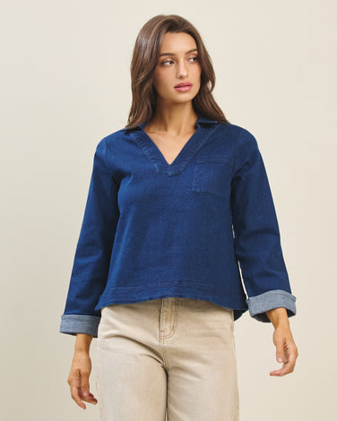 V-neck roll-up sleeve denim top