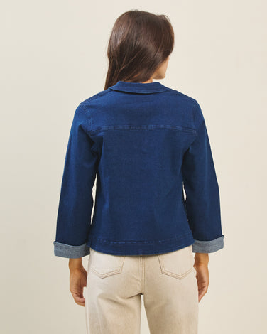 V-neck roll-up sleeve denim top
