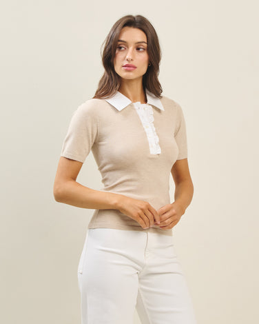 Colorblock ruffle front sweater polo