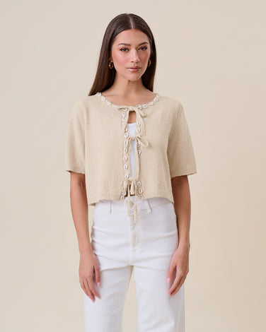 Shell embellished tie front cardigan