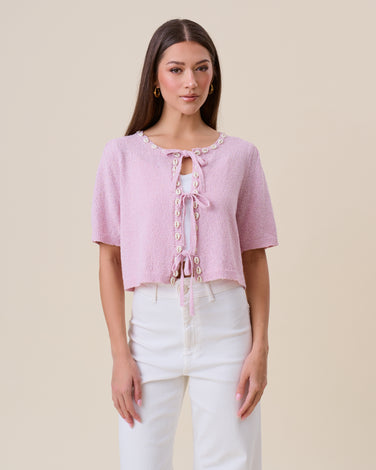 Shell embellished tie front cardigan