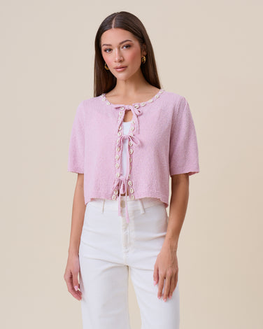 Shell embellished tie front cardigan