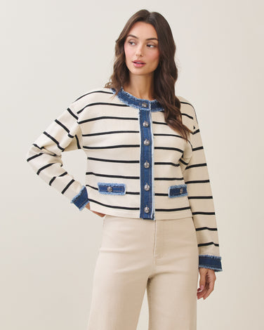 Denim trim striped cardigan