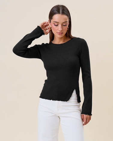 Lettuce trim slit hem knit top