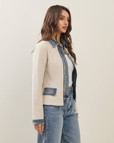 Layered look denim trim jacket in Ecru