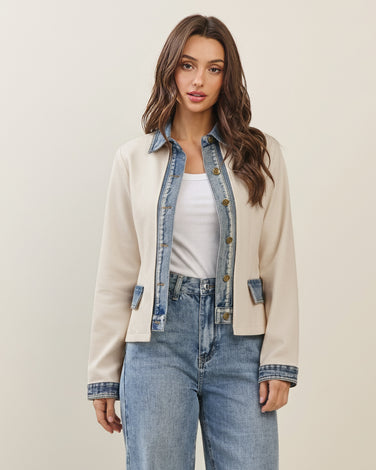 Layered look denim trim jacket in Ecru