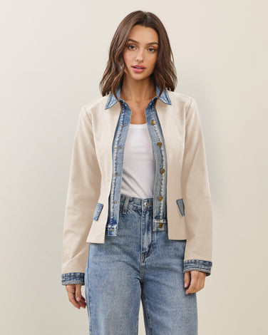 Layered look denim trim jacket in Ecru