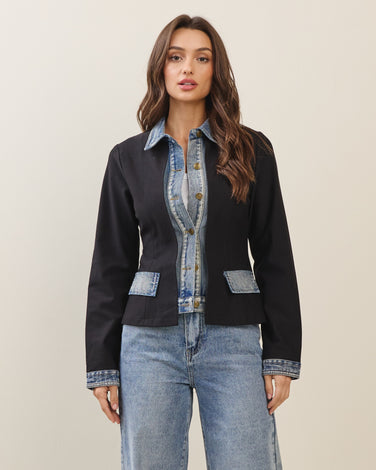 Layered look denim trim jacket