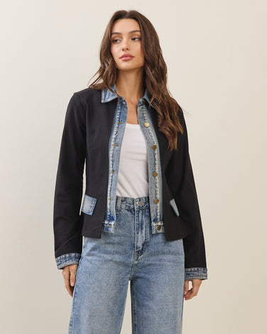 Layered look denim trim jacket in Black