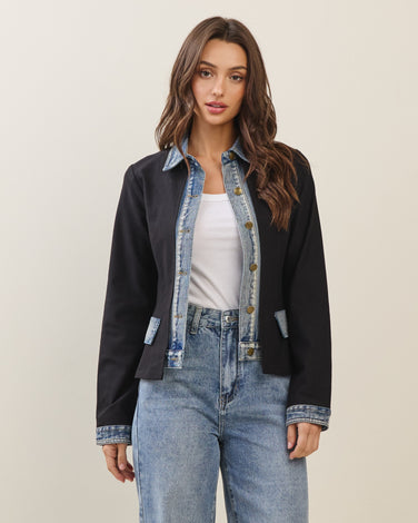 Layered look denim trim jacket