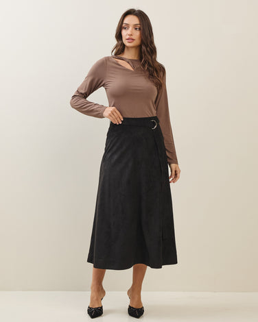 Belted A-line vegan suede skirt