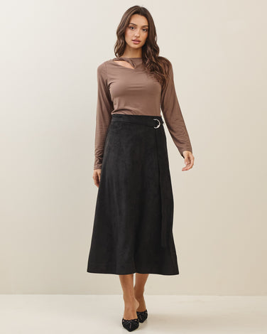 Belted A-line vegan suede skirt