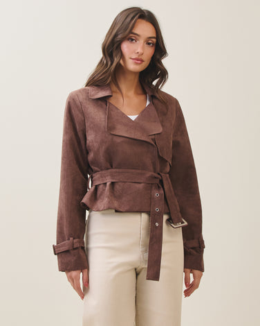 Vegan suede short trench coat