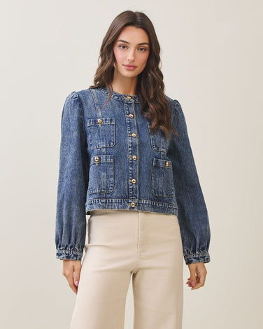 Puff sleeve washed denim jacket