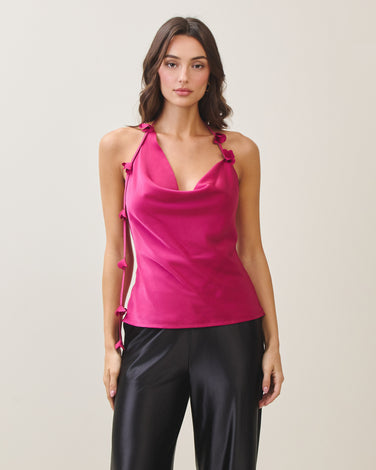 Cowlneck halter satin top
