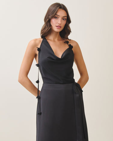 Cowlneck halter satin top