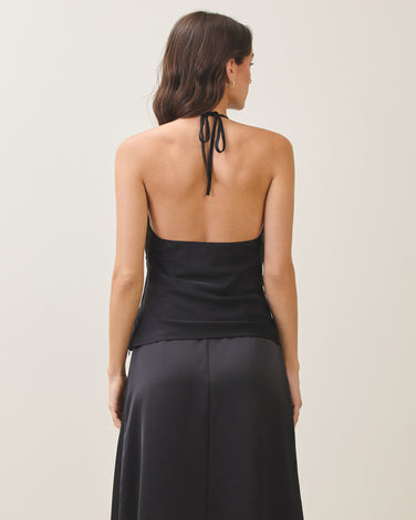 Cowlneck halter satin top