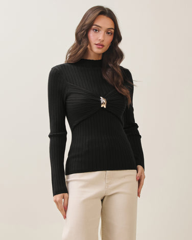 Gold metal ring rib-knit top