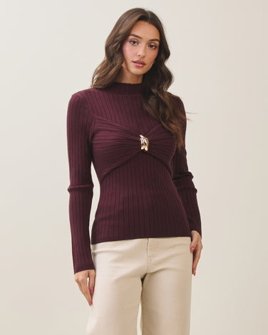 Gold metal ring rib-knit top