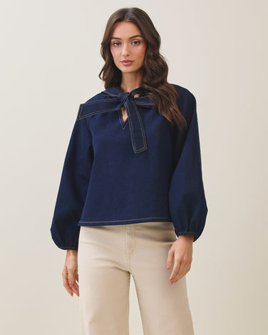 Bow denim blouse