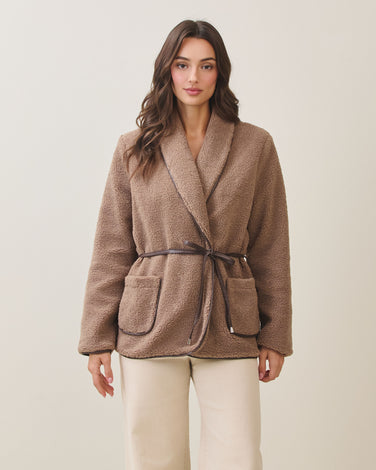 Vegan leather trim fleece coat